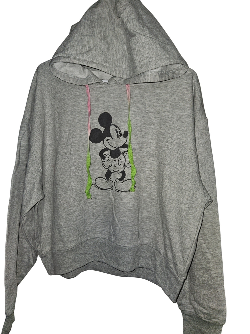 Disney Gray Mickey Mouse Hoodie with Pink & Green Drawstrings